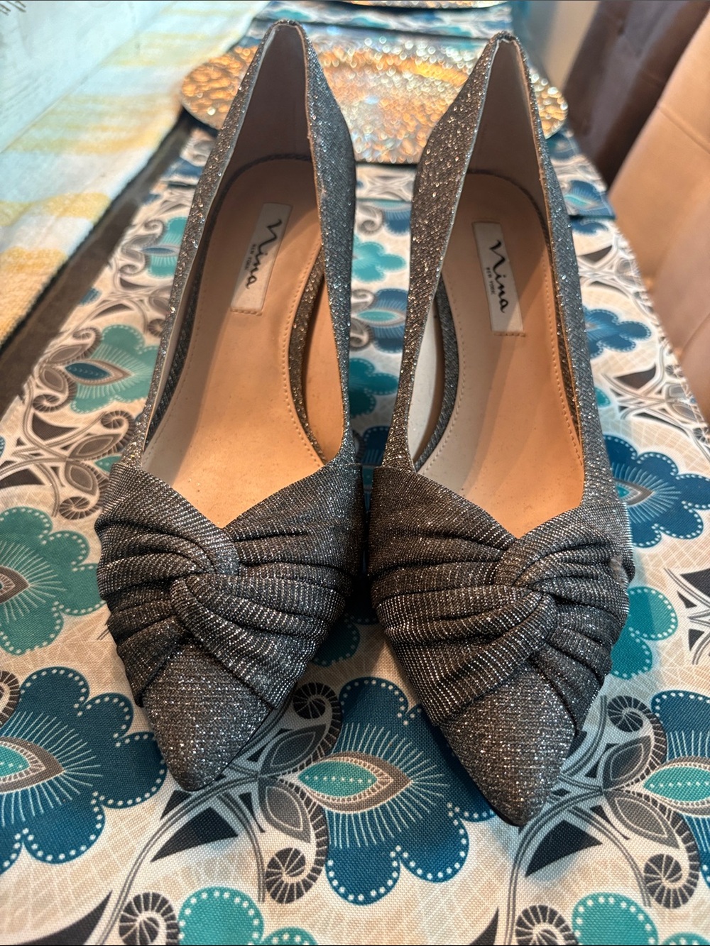 Nina Silver Glitter Knotted Pointed Toe Heels